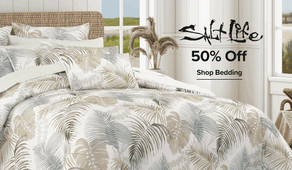Animated gif of alternating printed bedding sets. Salt Life logo. 50% off. Shop bedding.