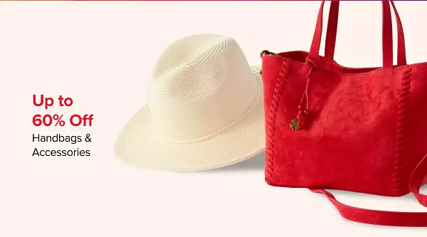 Up to 60% off handbags and accessories. Shop now. A red purse with next to a white sun hat.
