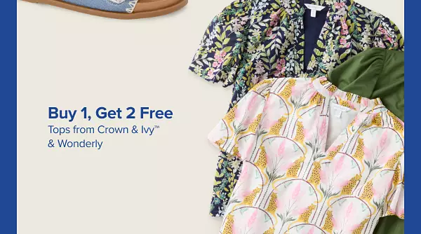 Buy one, get two free tops from Crown and Ivy and Wonderly. Three shirts with unique prints on them.