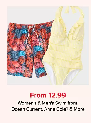 From 12.99 womens and mens swim from Ocean Current, Anne Cole and more. Shop now. A pair of mens swim trunks and womns bathing suit.