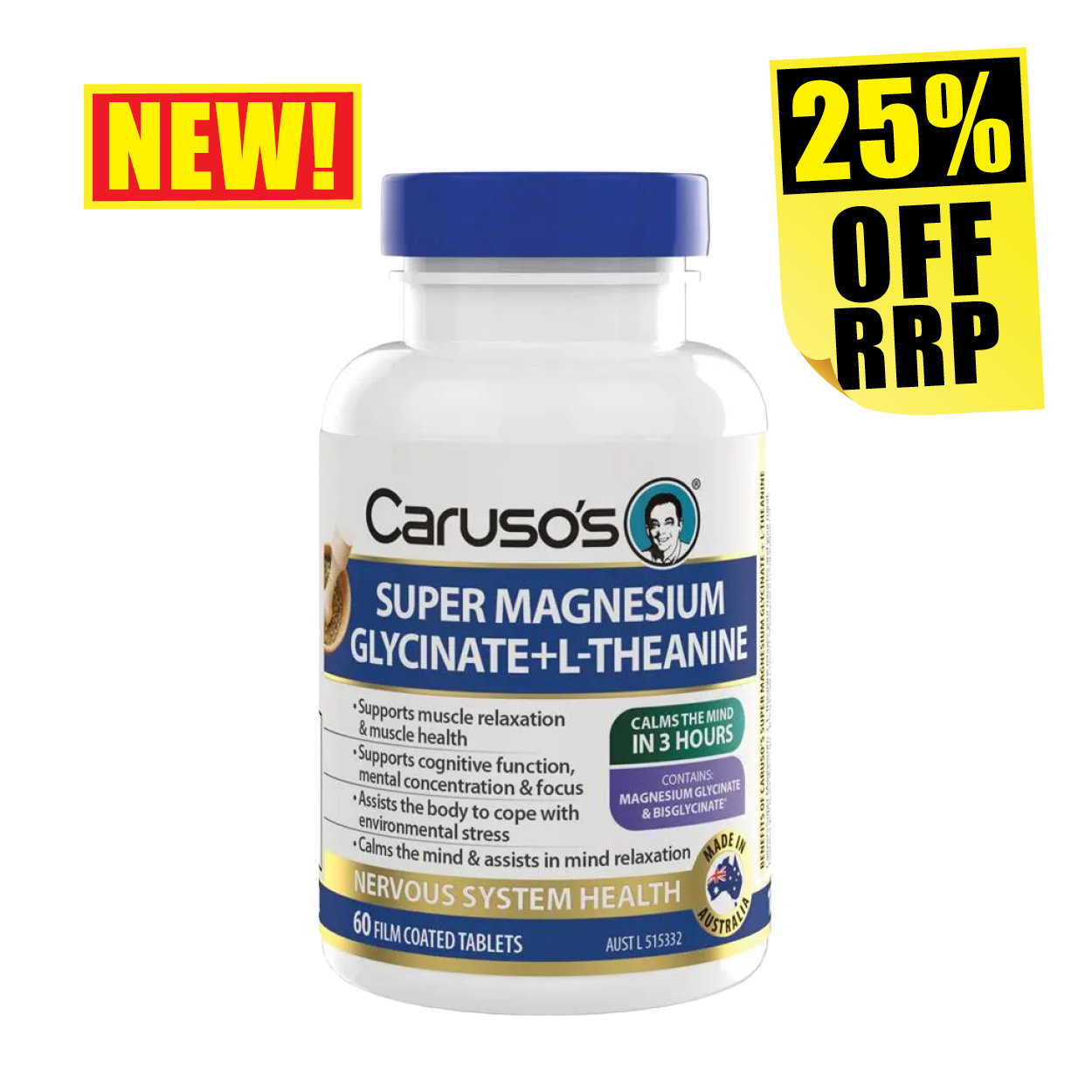 Carusos Super Magnesium Glycinate + L-Theanine 60 Capsules 25% off RRP  at Chemist Warehouse sale ends 22 July 2026