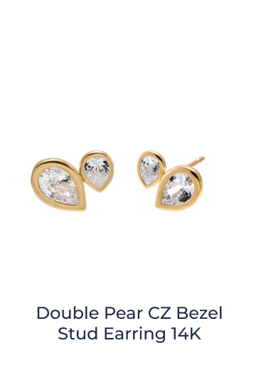 Double Pear CZ Bezel Stud Earring 14K