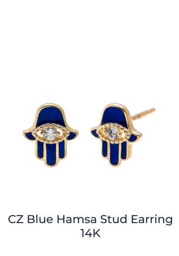 CZ Blue Hamsa Stud Earring 14K