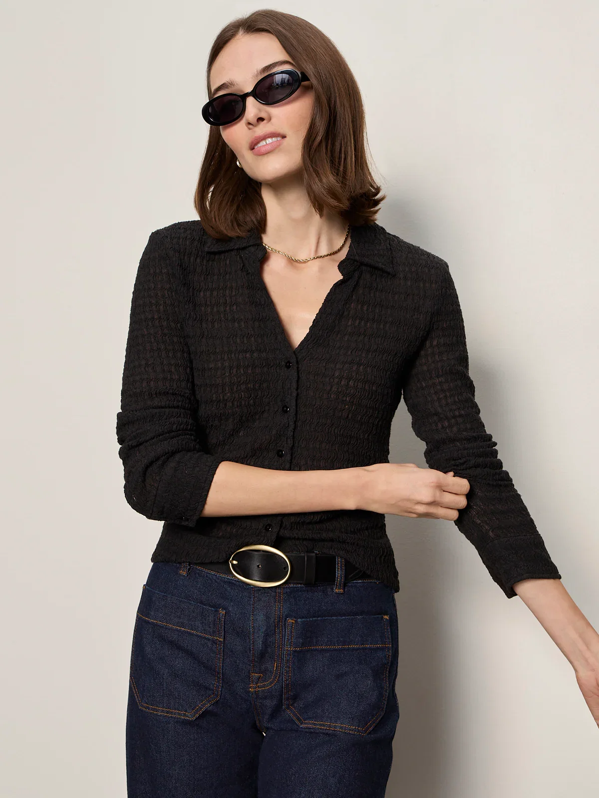 Image of Juno Textured Button Front Top Black