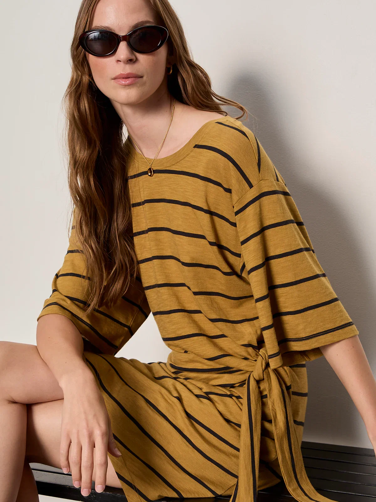 Image of Easier Together Tie Knit Dress Cumin/Black Stripe