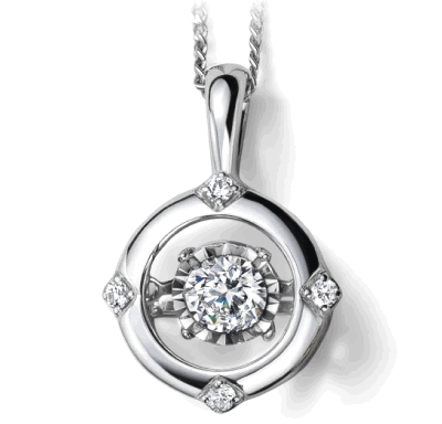 A round diamond pendant necklace in a polished white metal setting.