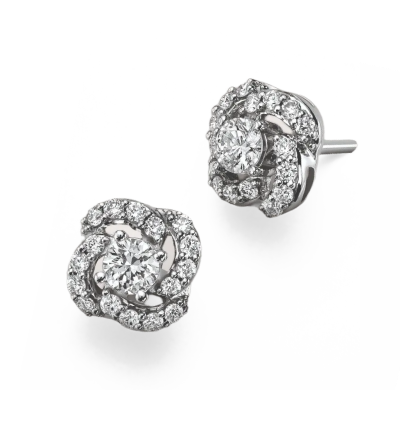 White gold stud earrings with floral rose design and pavé diamonds.