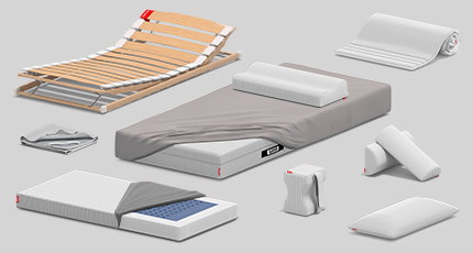 Die Produkte von bett1.de, darunter Lattenrost, Kindermatratze, Topper und Visco-Kissen.