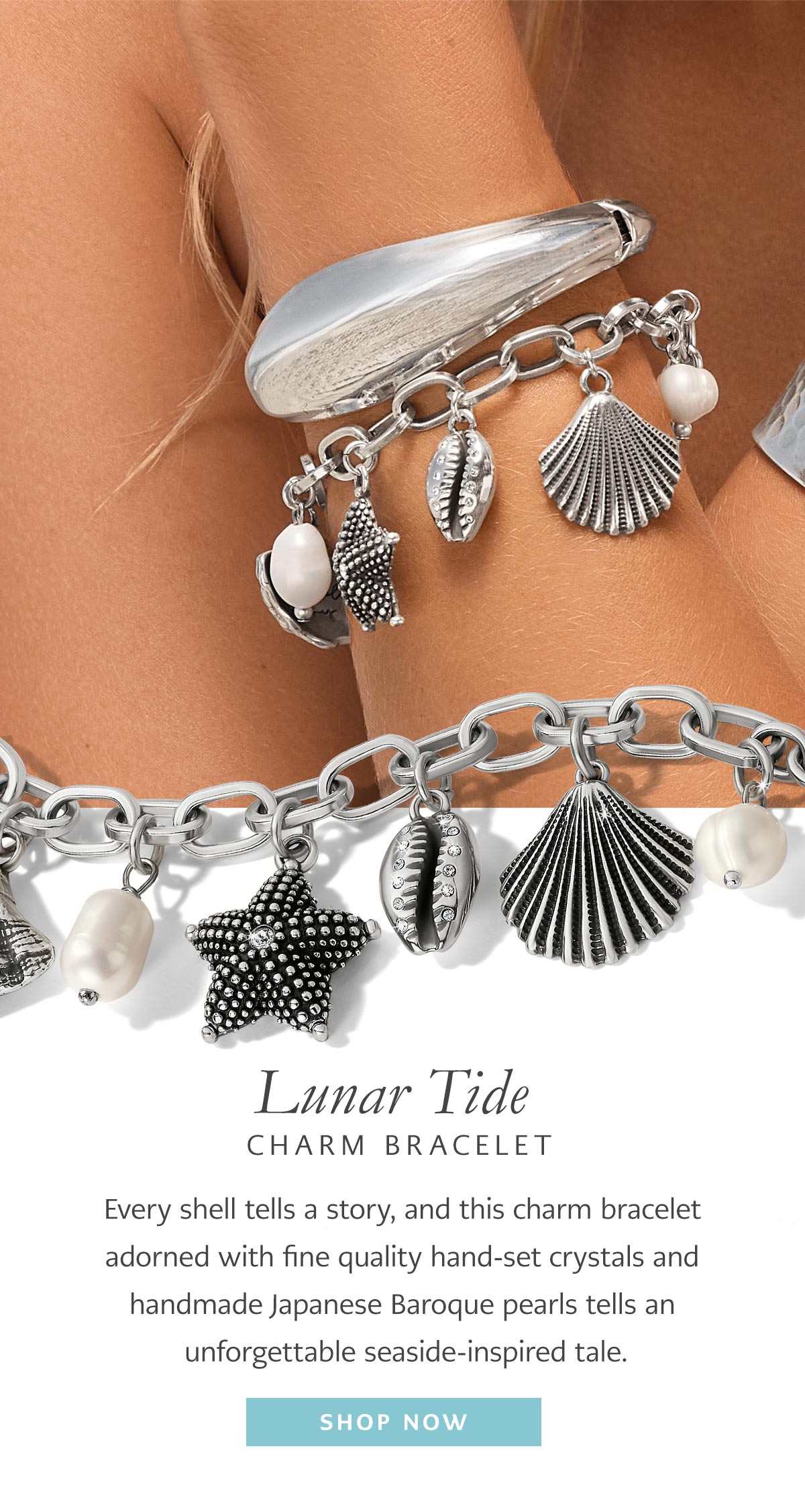 Lunar Tide Charm Bracelet - Every shell tells a story, and this charm bracelet adorned with fine quality hand-set crystals and handmade Japanese Baroque pearls tells an unforgettable seaside-inspired tale. - Shop Now