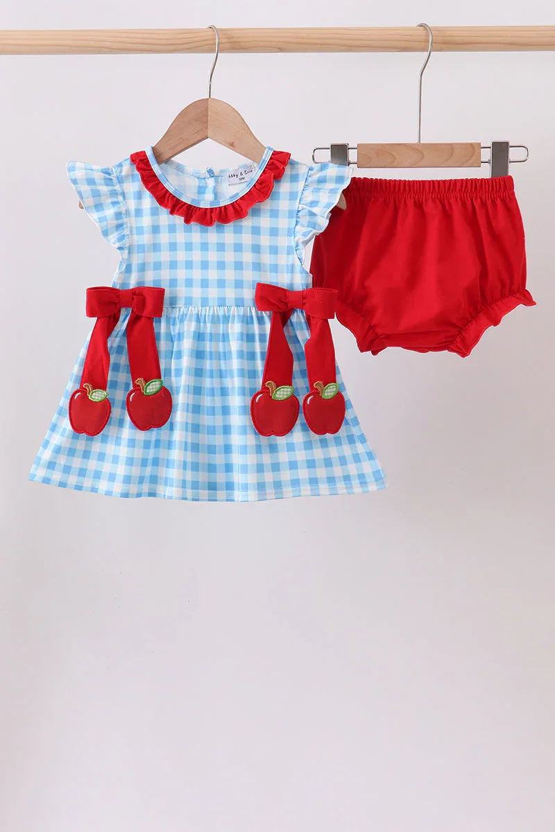 Image of Blue Apple Appliqué Gingham Bloomer Set