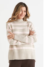 Stripe Funnel Neck Knit Jumper in Biscuit