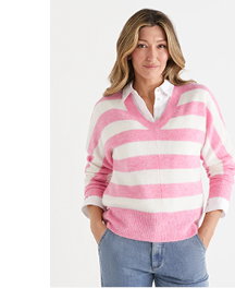 Brushed Pink Stripe V Neck Jumper