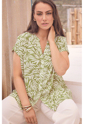 EVANS Curve Green Leaf Print Linen Shirt