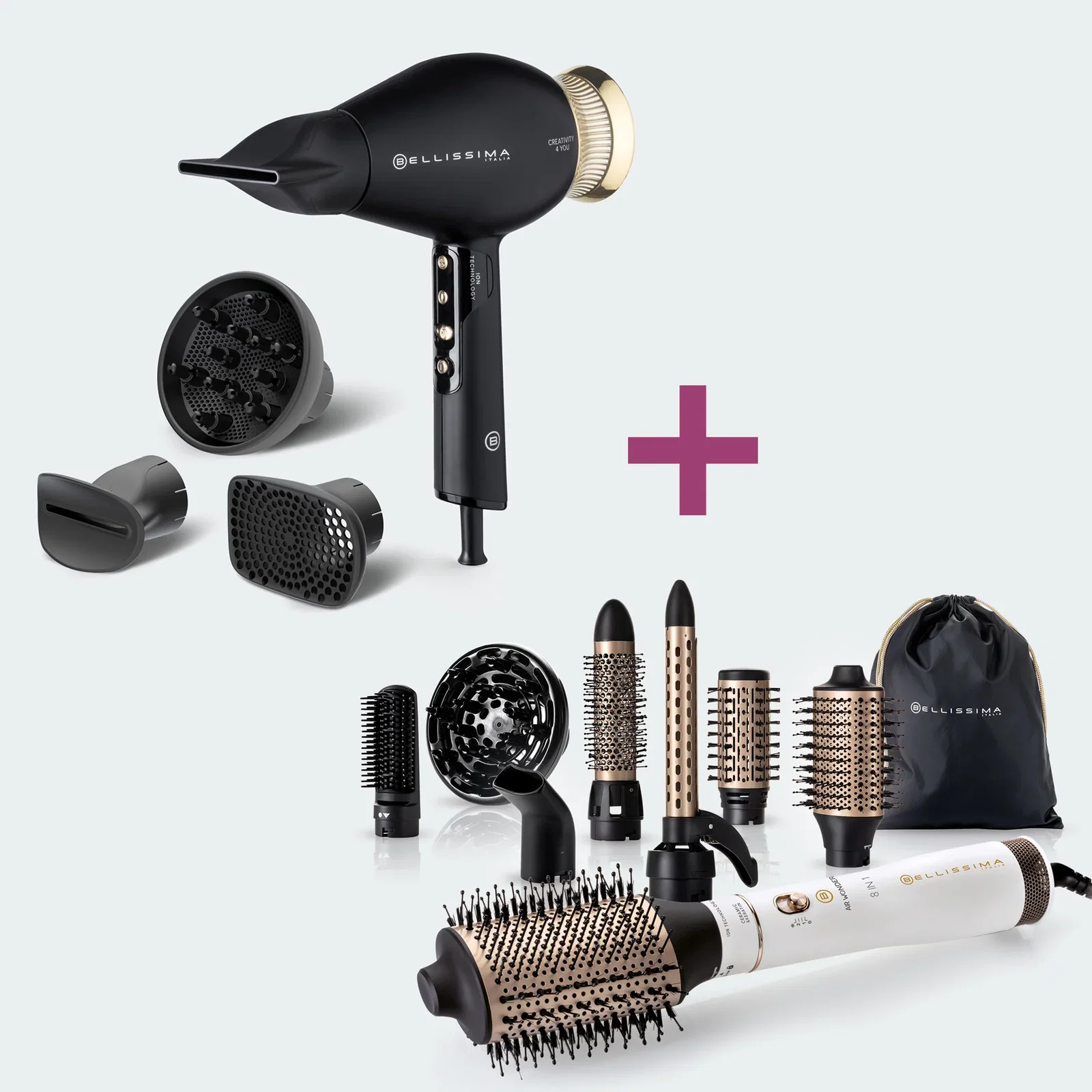 Image of Kit asciugacapelli professionale con accessori Creativity 4 You® e spazzola ad aria calda con ioni, ceramica e cheratina Air Wonder® 8 in 1