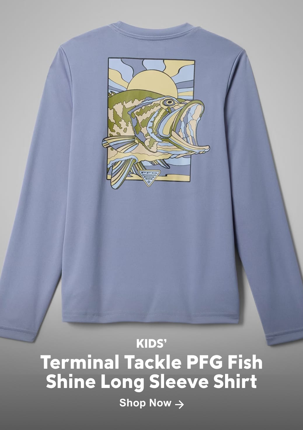 A kids' purple long sleeve shirt with a fun fish logo with text: Kids' Terminal Tackle PFG Fish Shine Long Sleeve Shirt