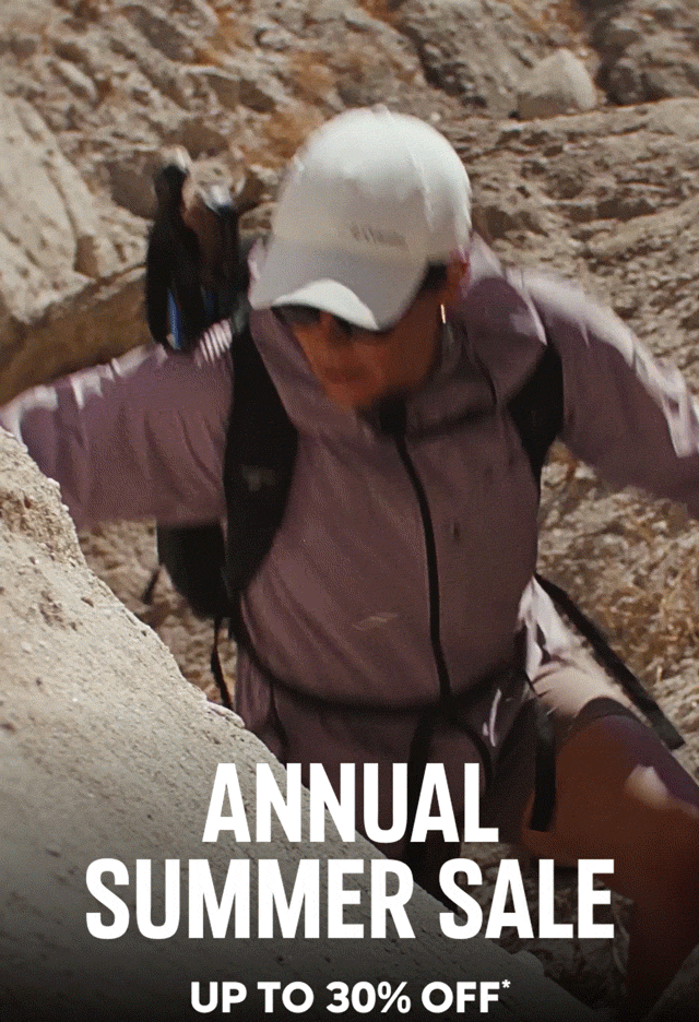 Two hikers climbing up a rocky hillside with text: ANNUAL SUMMER SALE Up To 30% Off*