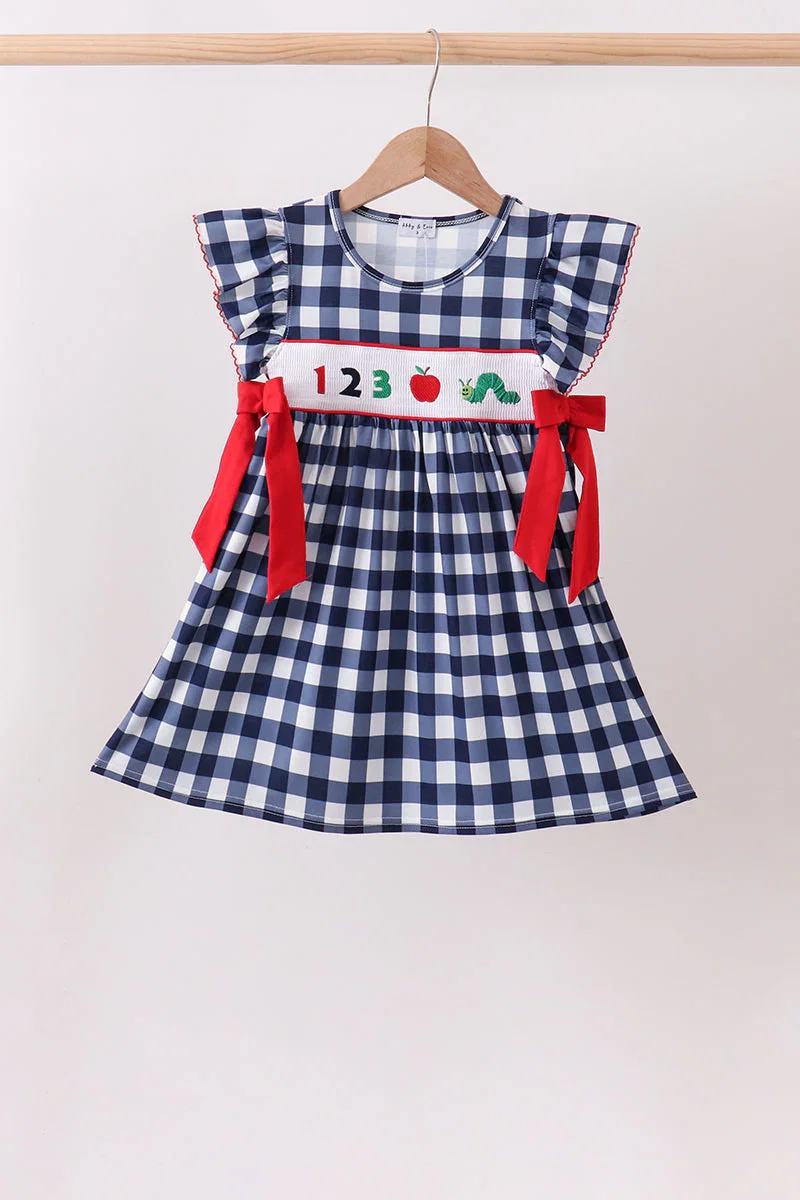 Image of Navy Apple Smocked Gingham Dress