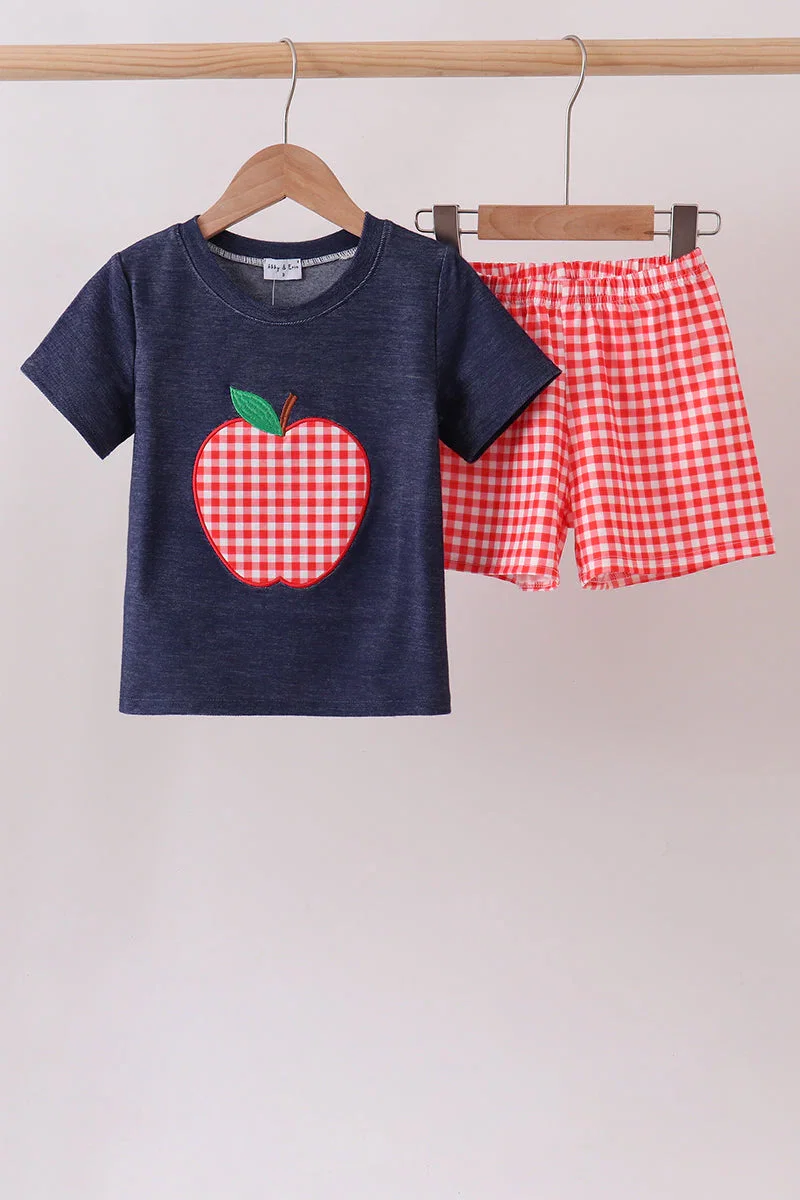 Image of Navy Apple Applique Denim Set