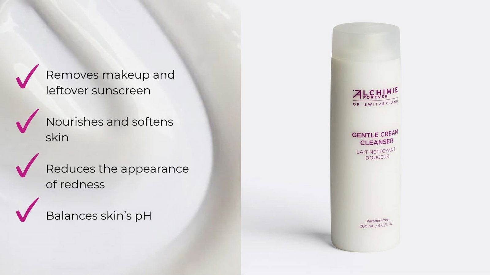 A split image featuring the benefits of using Gentle Cream Cleanser next to a bottle of the product.