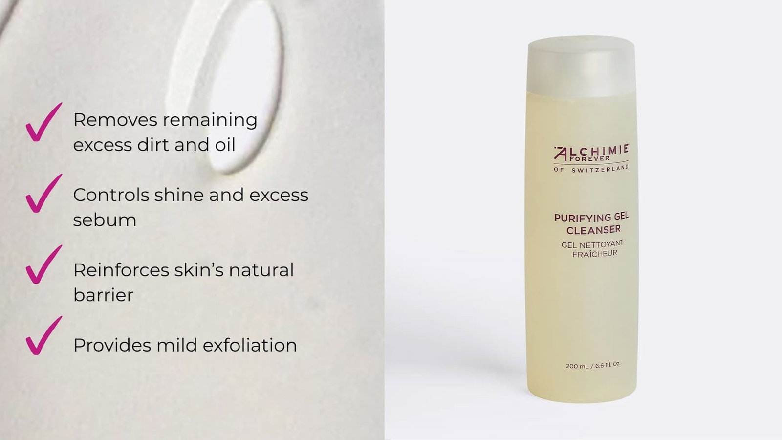 A split image featuring the benefits of using Purifying Gel Cleanser next to a bottle of the product.