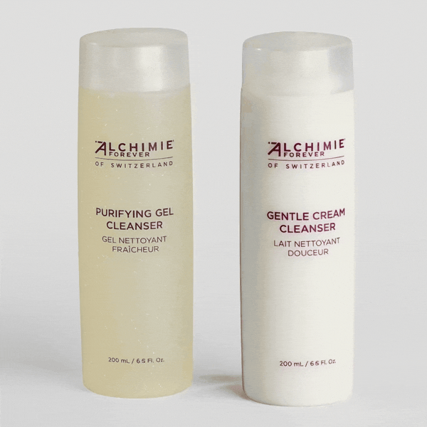 A gif zooming in on two bottles of Alchimie Forever's cleansers