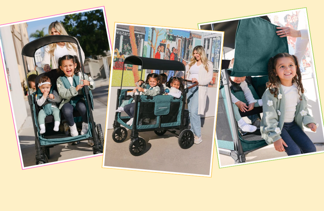 [3 photos of the WonderFold Wagons in Hunter Green]