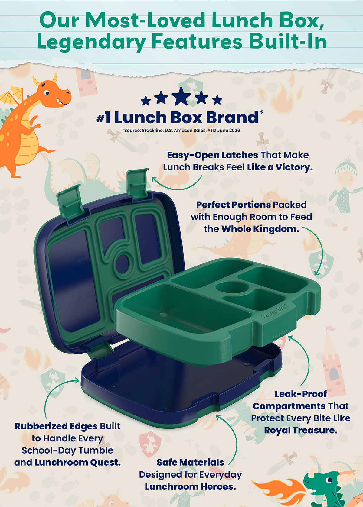 Our Most-Loved Lunch Box, Legendary Features Built-In | #1 Lunch Box Brand | Easy-Open Latches That Make Lunch Breaks Feel Like A Victory, Perfect Portions Packed With Enough Room To Feed The Whole Kingdom, Leak-Proof Compartments That Protect Every Bite Like Royal Treasure | Safe Materials Designed For Everyday Lunchroom Heroes. | Rubberized Edges Built To Handle School-Day Tumble And Lunchroom Quest.