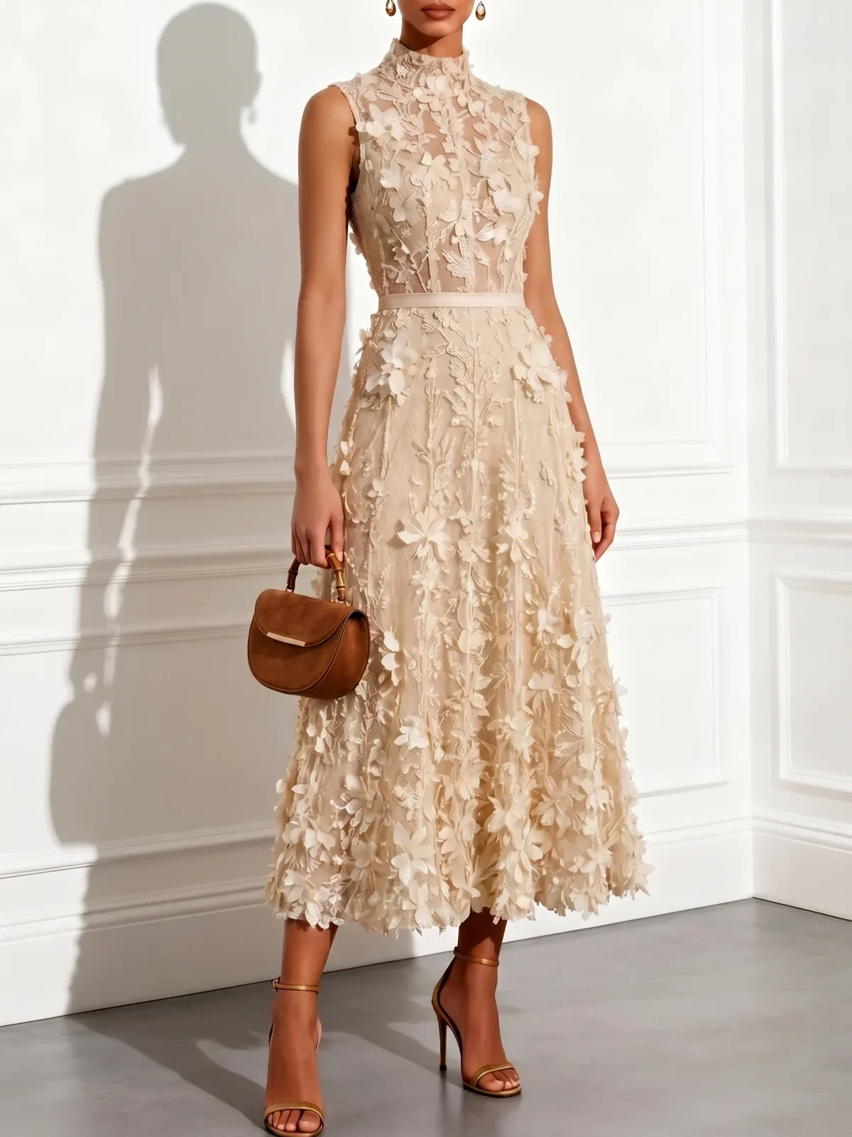 Apricot 3D Floral Lace Mock Neck Sleeveless A-Line Midi Dress
