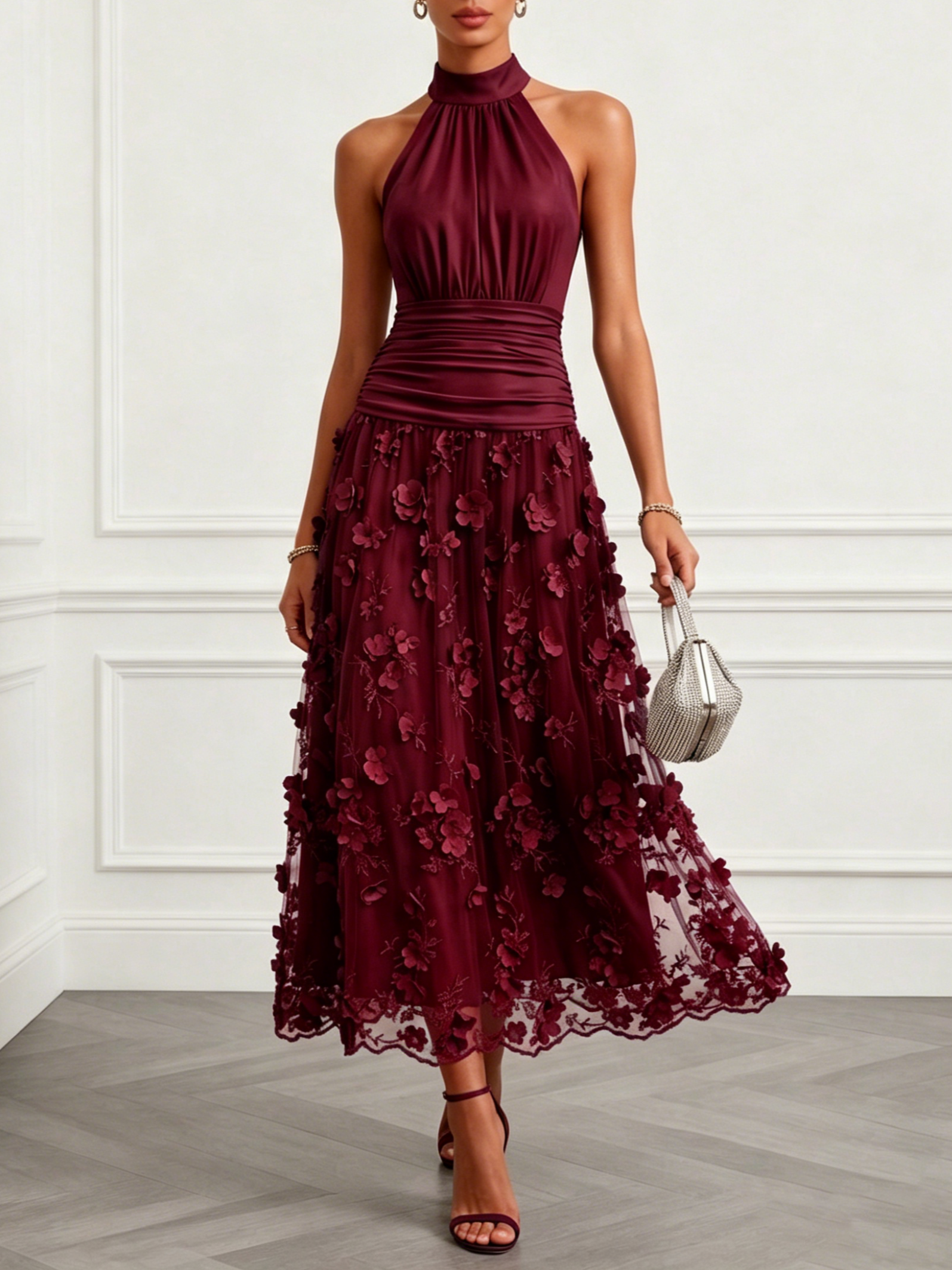 Wine Red 3D Floral Embroidery Classic Halter Neck Sleeveless A-Line Maxi Dress