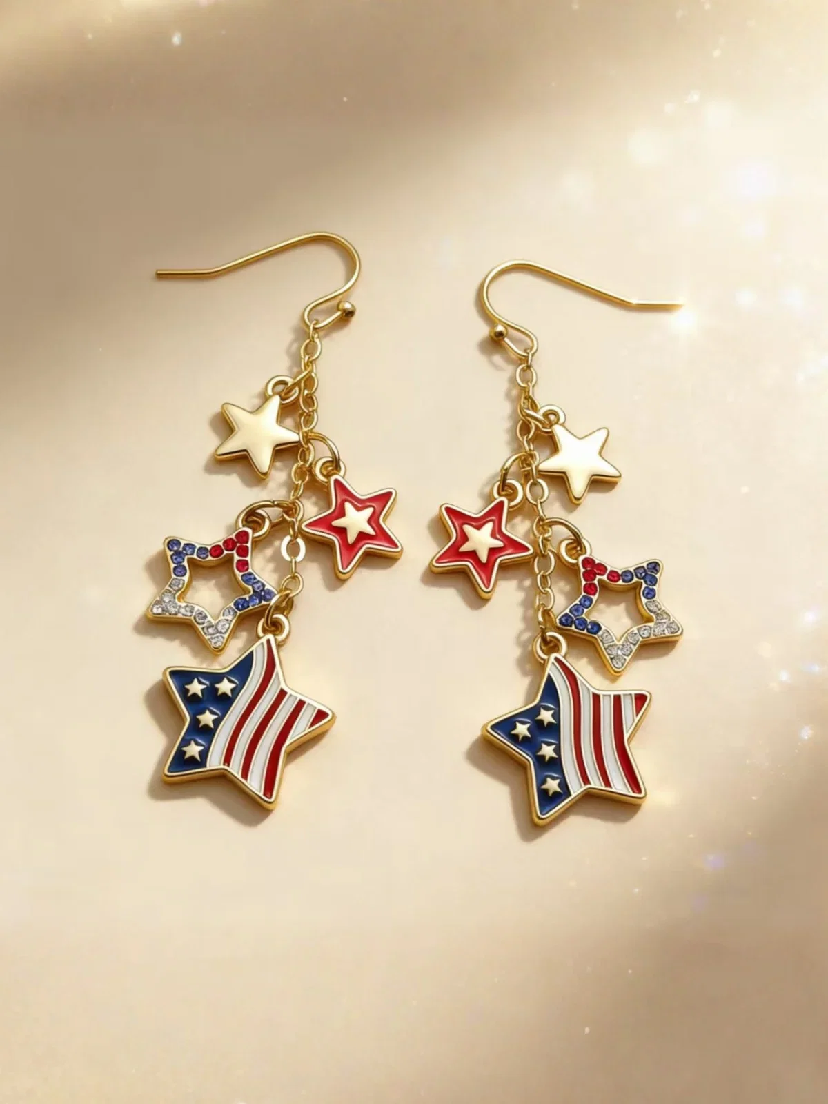 USA Patriotic Star & Stripes Dangle Earrings – Elegant Rhinestone American Flag Drop Earrings in Gold-Tone Alloy