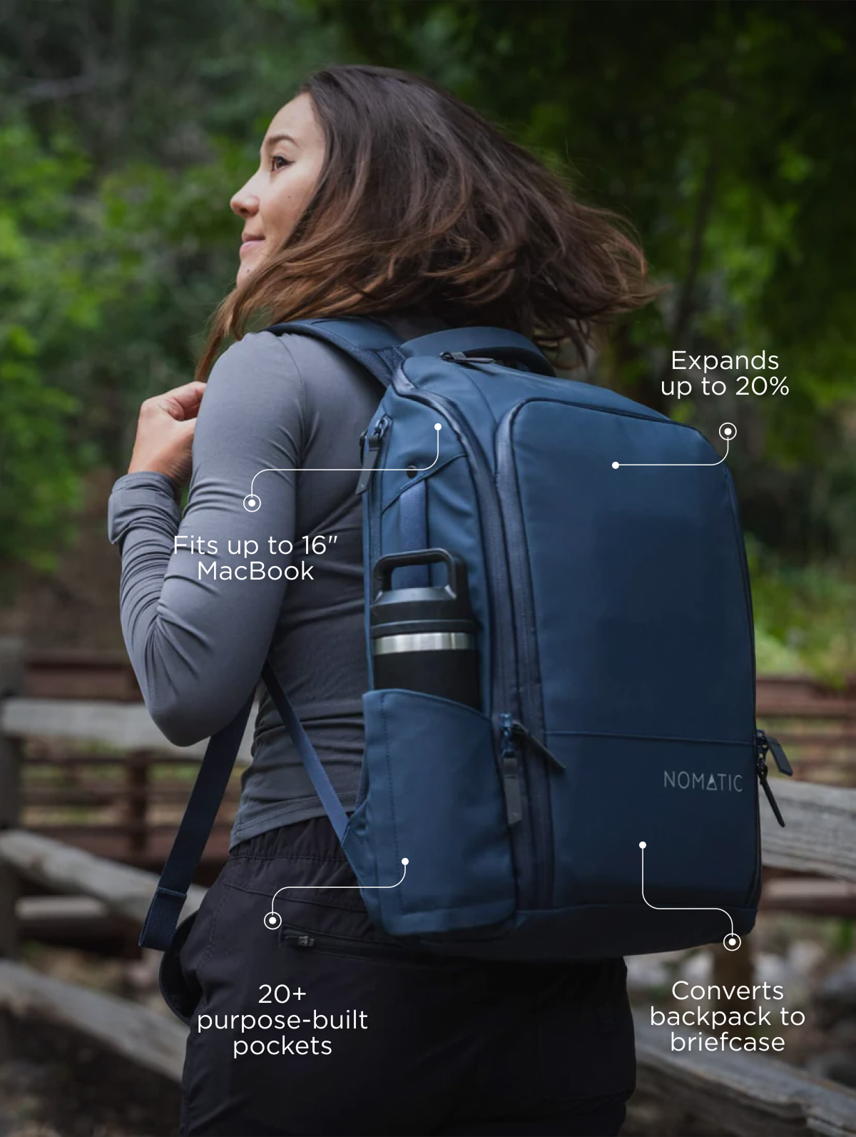 Expands up to 20%   Fits up to 16" MacBook   Converts backpack to briefcase  20+ purpose-built pockets