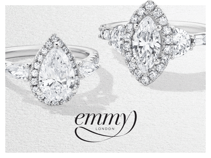 GIF featuring a variety of Emmy London white gold and yellow gold engagement rings in different cuts and shapes.