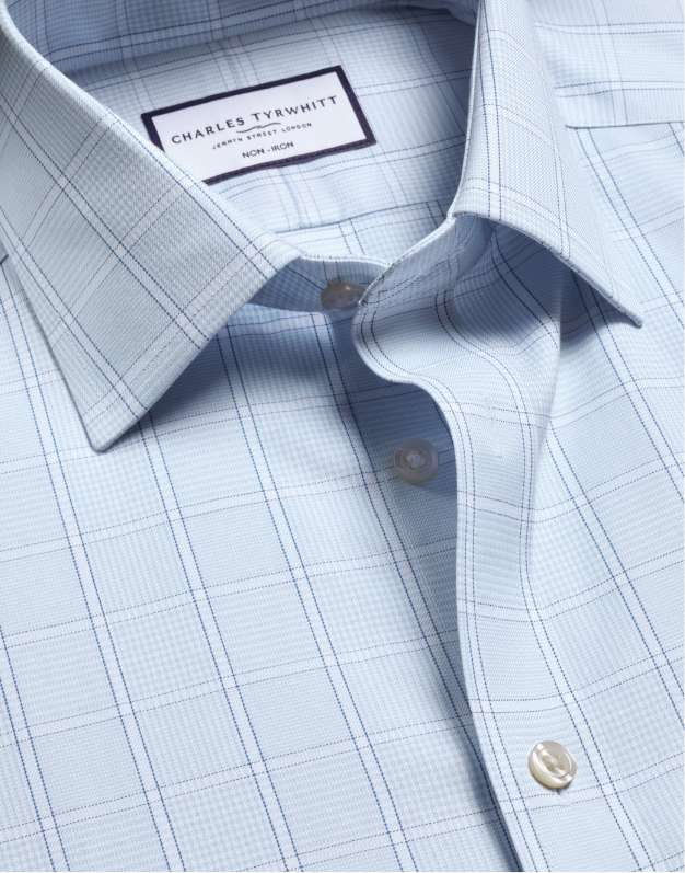 Non-Iron Twill Prince of Wales Check Shirt - Light Blue