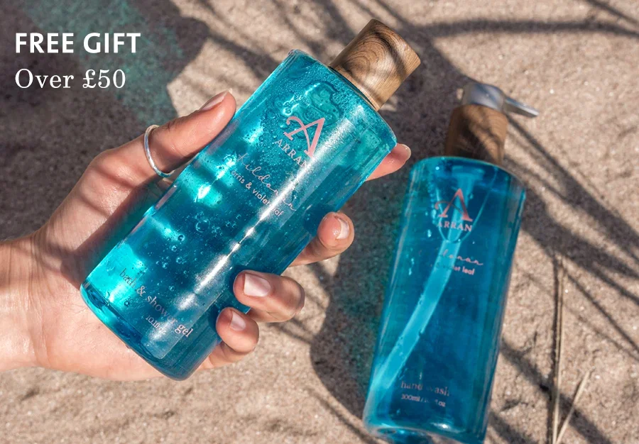 a sandy beach with two blue shower gel bottles