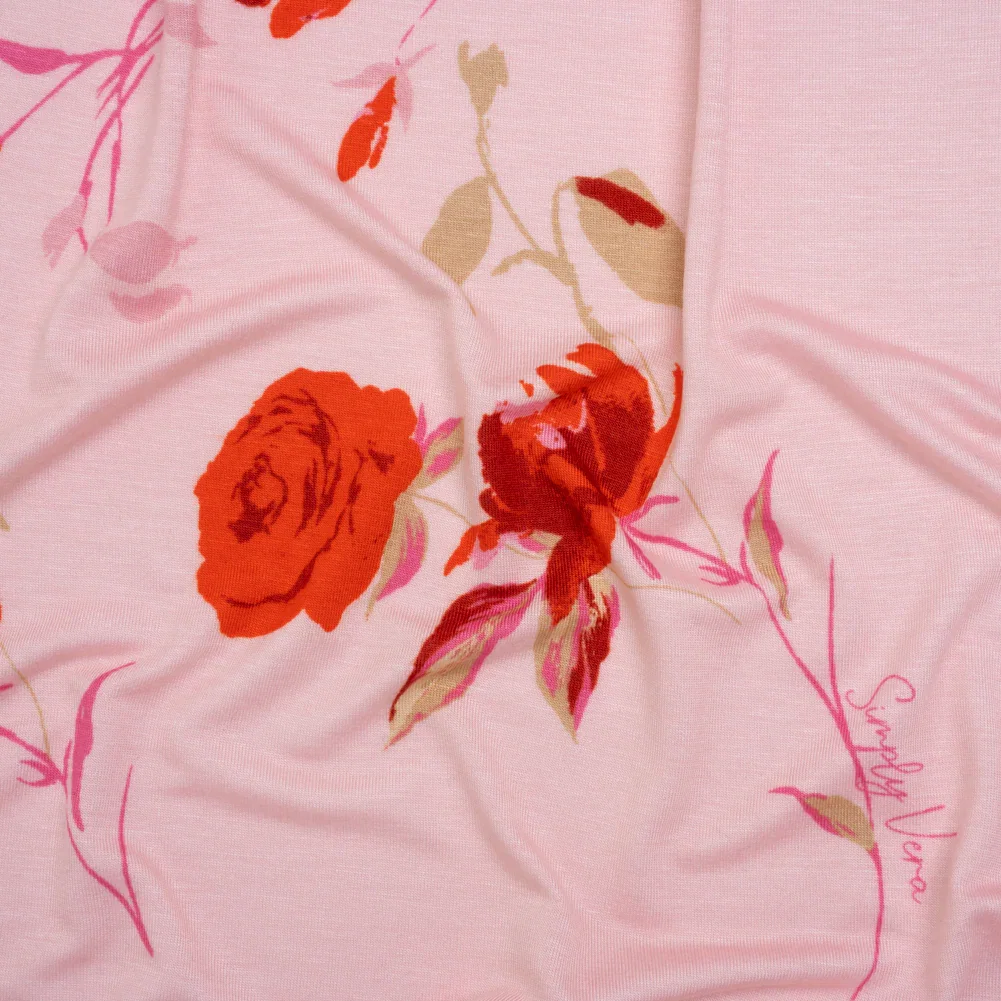 Image of Stretch Rayon Jersey by Vera Wang - Pink and Red Roses - Designer Deadstock