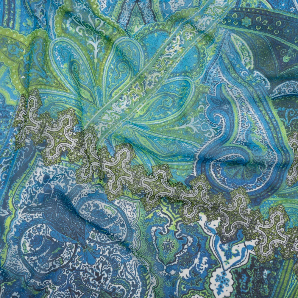 Image of Polyester Chiffon - Blue and Green Ornate Paisley Patchwork - Designer Deadstock