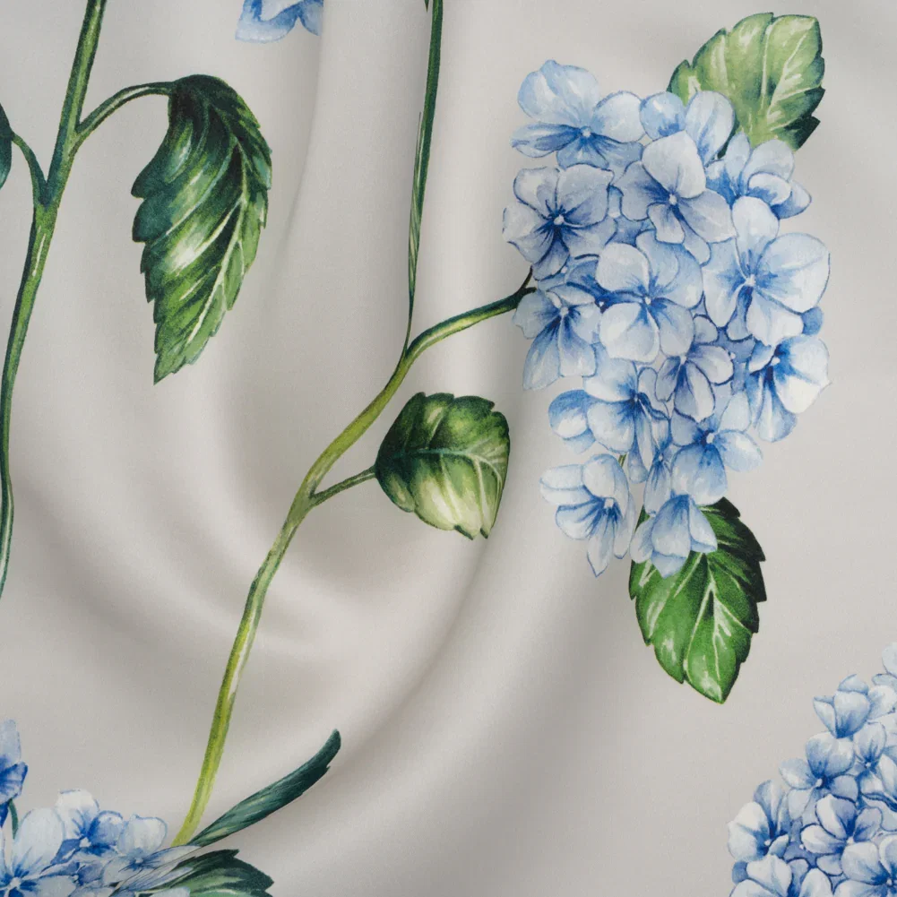 Image of Heavy Silk Satin-Faced Organza, Made in Italy - Pale Gray, Blue and Green Hydrangeas