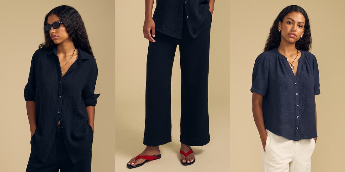 Image shows a model wearing the Dean Top in Navy. Image shows a model wearing the Franny Pants in Navy.