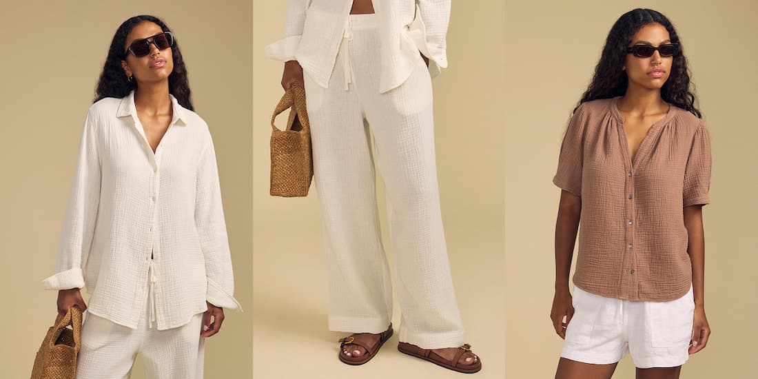 Image shows a model wearing the Denise Shirt Top in Beach. Image shows a model wearing the Franny Pants in Beach. Image shows a model wearing the Deann Top in Tree.
