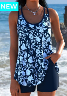 ROTITA Navy Curved Hem Ditsy Floral Print Tankini Set