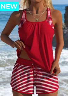 ROTITA Tummy Coverage Red Striped Mid Waisted Tankini Set