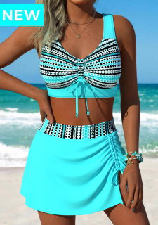 ROTITA Cyan Front Slit Hem Geometric Print Bikini Set