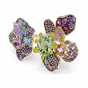 Anillo Idyllia, tallas mixtas, pavé, flor, multicolor, baño en tono oro