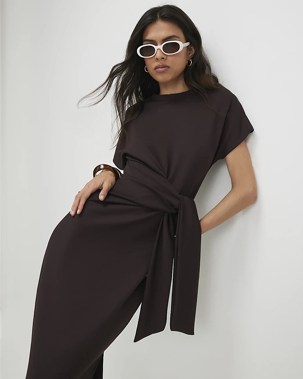 Womens Brown Premium Tie Side Midi Dress