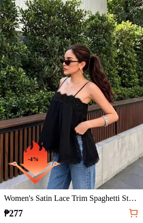 Women's Satin Lace Trim Spaghetti Strap Cami Top - Alluring Side Slit Khaki Summer Camisole Casual Black