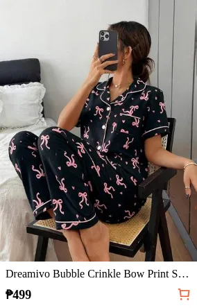 Dreamivo Bubble Crinkle Bow Print Short Sleeve Pajama Set, Suitable For Outerwear