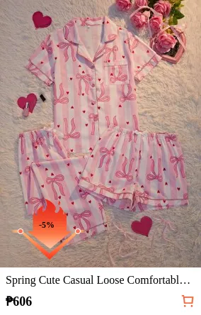 Spring Cute Casual Loose Comfortable Striped Heart Bow Print Patch Pocket Front Button Short Sleeve Top Shorts Long Pants 3pcs Set Summer Women's Pajama Set