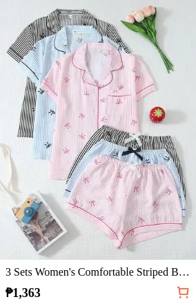 3 Sets Women's Comfortable Striped Bow Print Short Sleeve Lapel Top And Bow Shorts Pajama Set, Spring/Summer