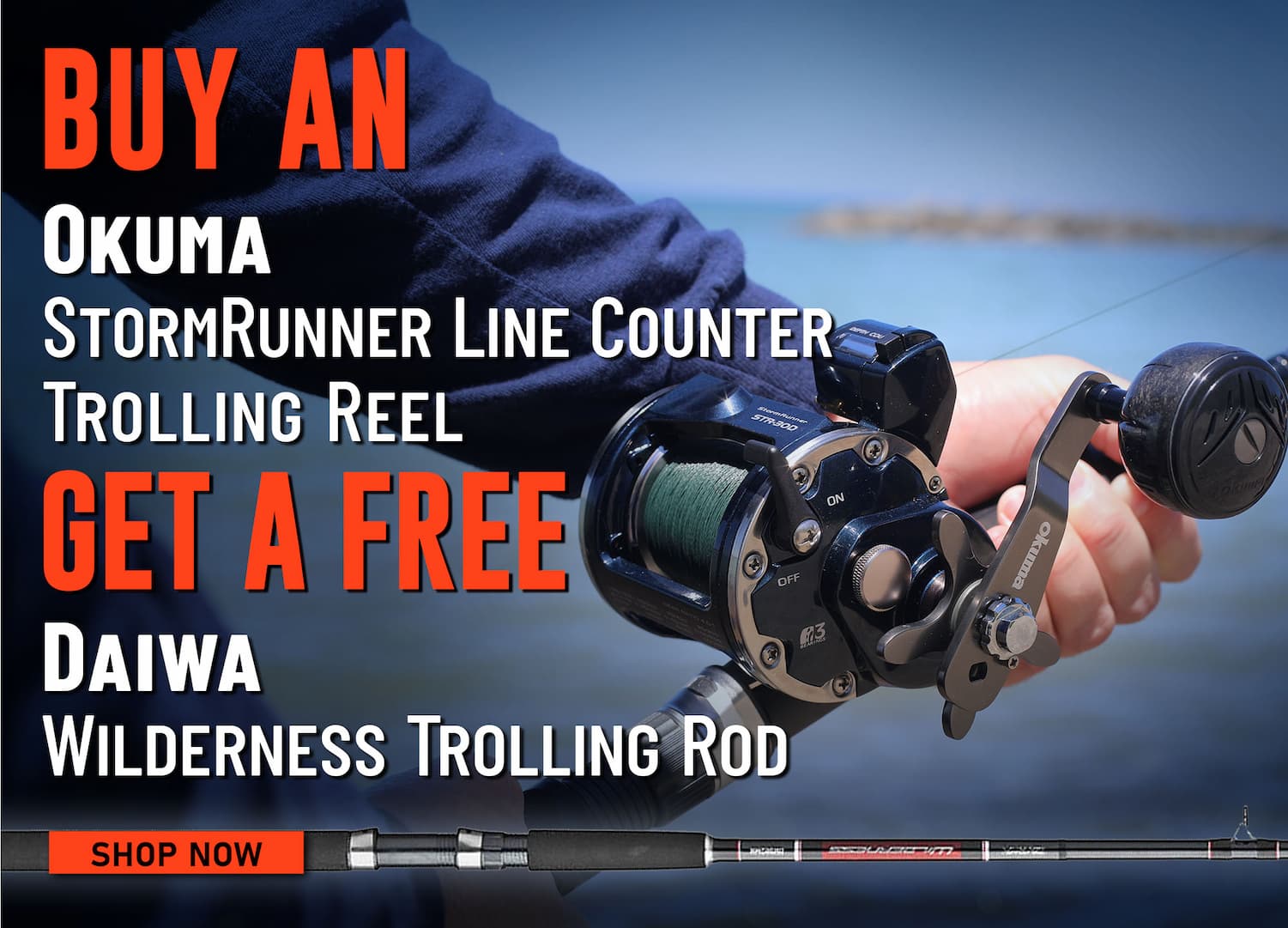Buy an Okuma StormRunner Line Counter Trolling Reel Get a Free Daiwa Wilderness Trolling Rod Shop Now