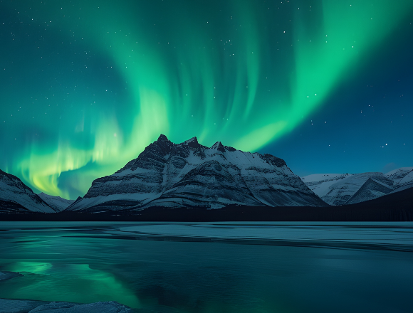 Vibrant northern lights illuminate snowy mountains above a calm, reflective lake at night.